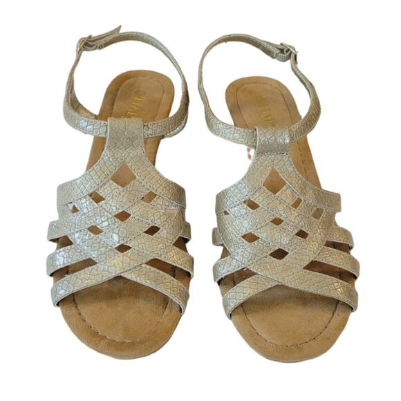 Chaps Toupe Snakeskin Print Wedge Buckle Sandals Size 6.5 - Picture 2 of 8